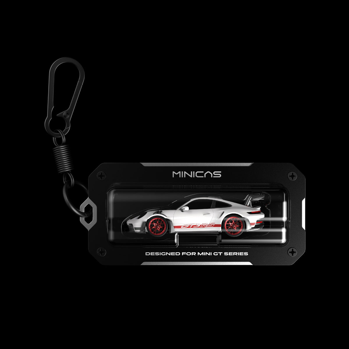 GT-TAG 64 aluminum keychain holder with MINI GT blister — front render